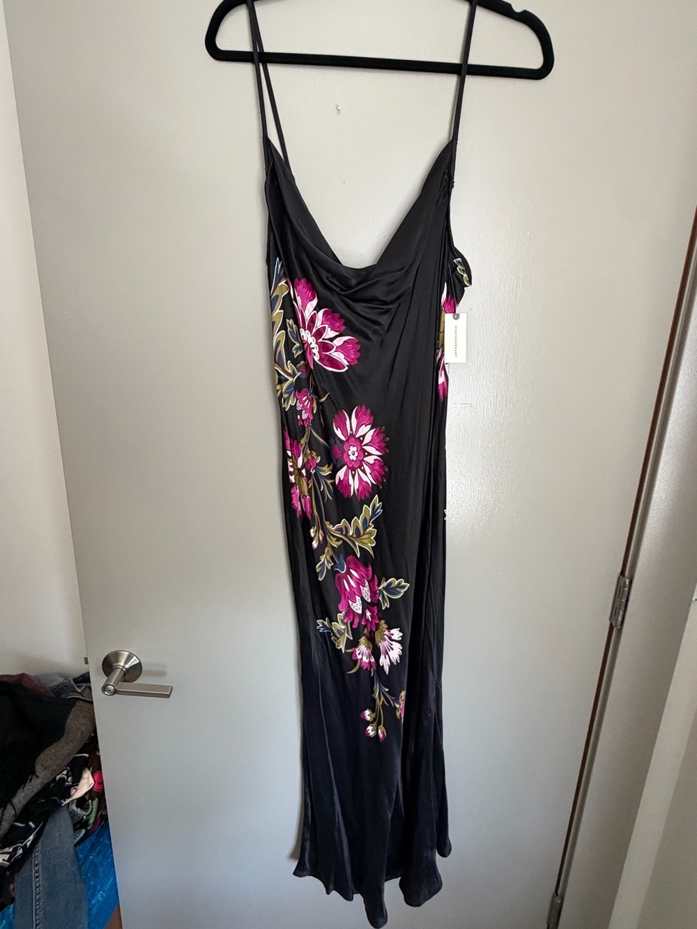 NWT Anthropologie Black Maxi Slip Dress with Fuchsia Floral Print